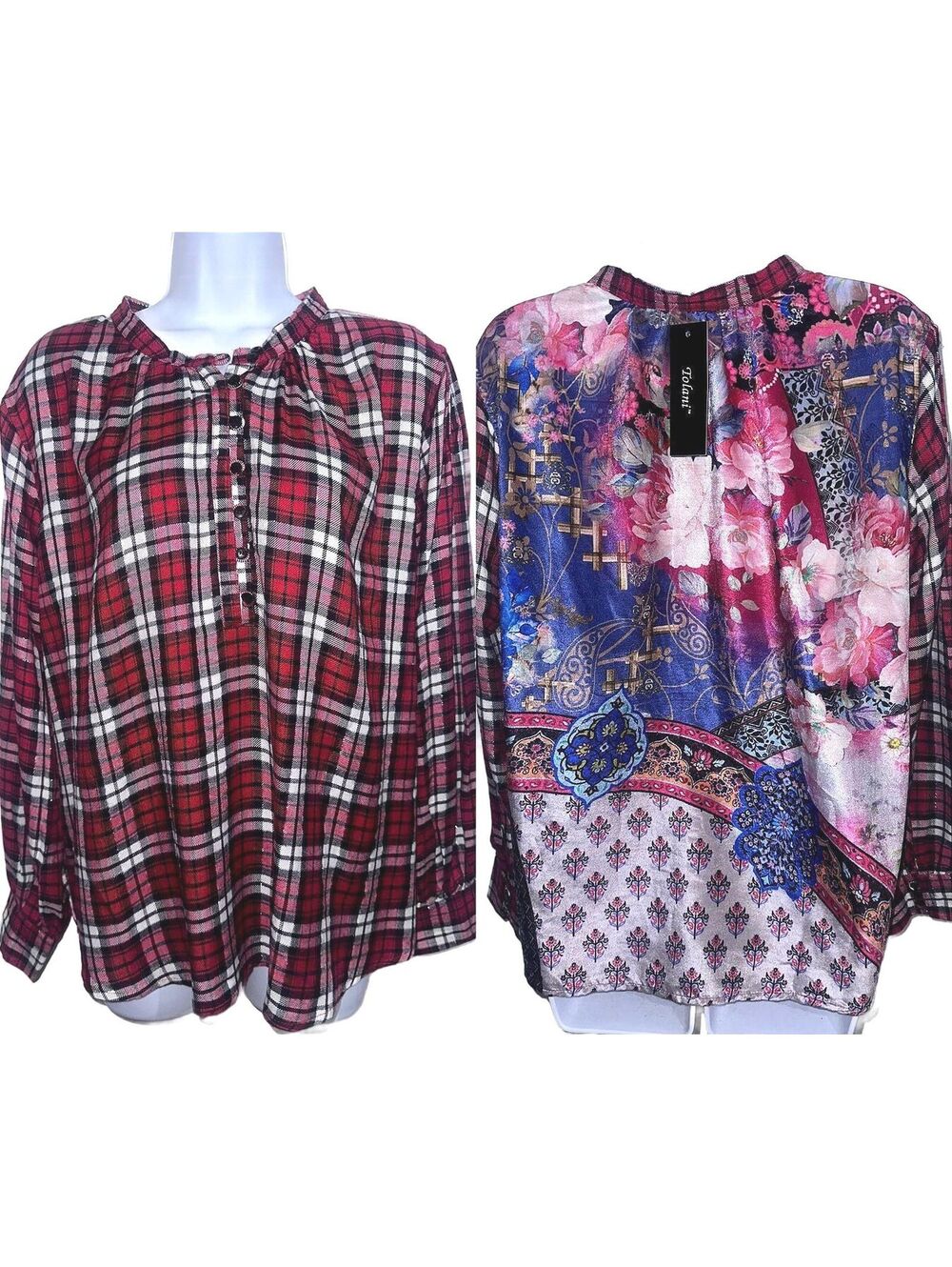 NWT Tolani Mixed Media Plaid Flannel Blouse Floral Back Viscose Tunic L